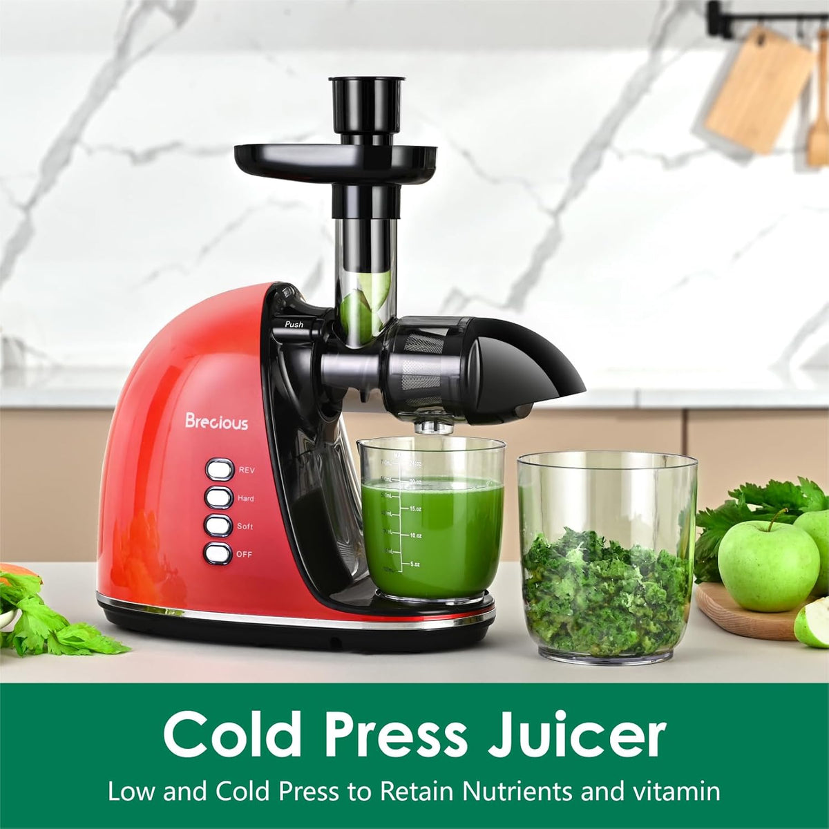 Slow Masticating Juicer,Brecious Cold Press Juicers with 2 Speed Modes & Quiet Motor,Juicers Machines Vegetable and Fruit with Reverse Function,Celery Juicer,BPA-Free,Easy to Clean (Red）
