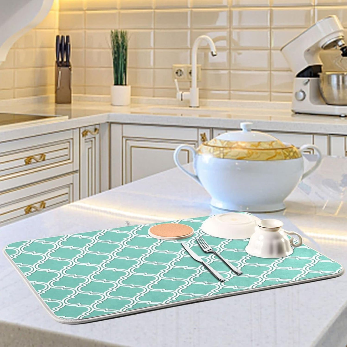 Super Absorbent Dish Drying Mat, Microfiber Fast-Drying Dish Mat, 24" x 18", Kitchen Dish Drying Pad, Seamless Moroccan Pattern