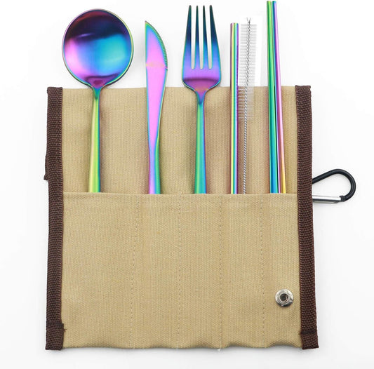 Portable 6 Pieces Flatware Set, 304 Stainless Steel Knife, Fork, Spoon, Chopsticks, Metal Straw, Cleaning Brush, Durable Travel Cutlery Set, Beige Pouch Bag, Rainbow