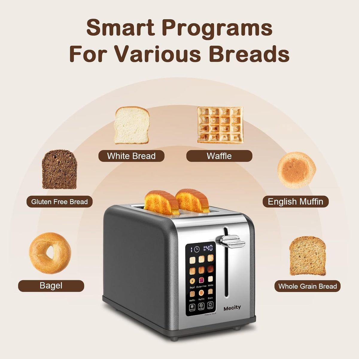 Mecity 2 Slice Touch Screen Toaster, 1.5" Wide Slot, Stainless Steel Smart Toaster for Bagels, Muffins, Waffles, Gluten-Free Breads, Defrost, Reheat, Timer, 120V 825W, Pearl Grey
