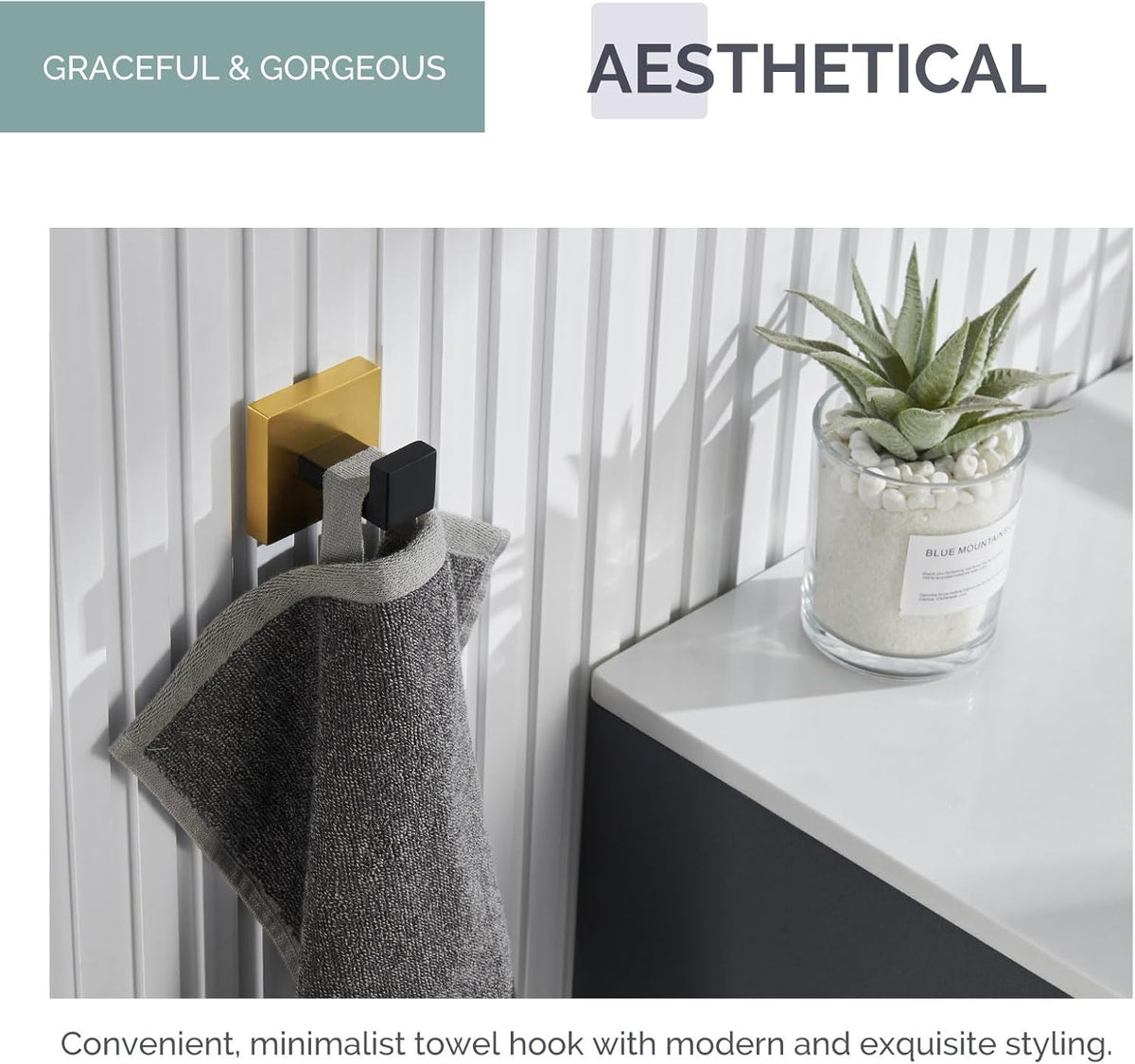 Angle Simple Towel Hook Black & Gold, 304 Stainless Steel Square Robe Bathroom Hook for Wall