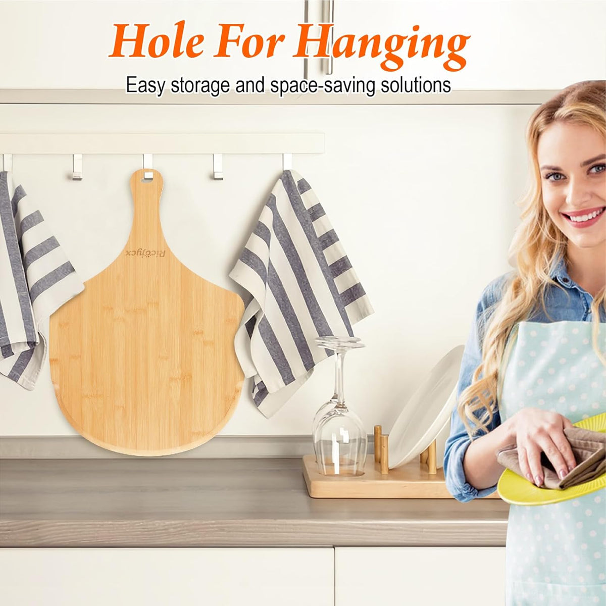 2 Pack Natural Bamboo Pizza Peel 16 inch, Wood Pizza Paddle, Cutting Board with Handle for Pizza, Bread, Cheese, Vegetable, Fruits