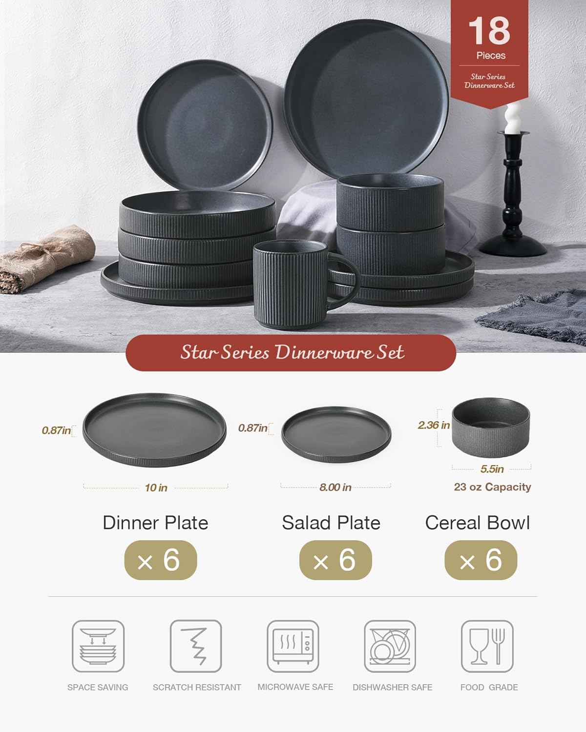 Famiware Star Plates and Bowls Sets, Modern Stoneware Dinnerware Sets for 6, 18-Piece Kitchen Dish Set - Chip and Scratch Resistant, Microwave and Dishwasher Safe Tableware, Matte Dark Charcoal