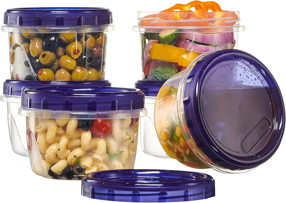 PLASTICPRO 6 Pack Twist Cap Food Storage Containers with Blue Screw on Lid- 16 oz Reusable Meal Prep Containers - Freezer and Microwave Safe Blue Plastic Food Storage