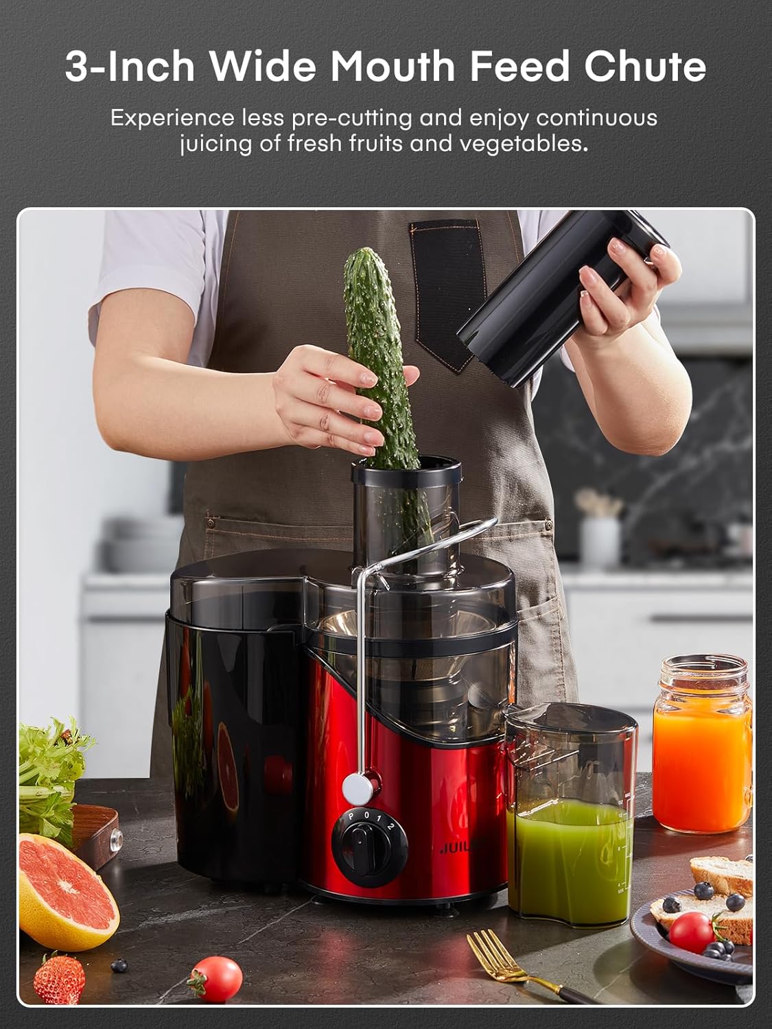 Juicer Machines, Juilist 3" Wide Mouth Juicer Extractor Max Power 800W, for Vegetable and Fruit with 3-Speed Setting, 400W Motor, Easy to Clean, Bright Red