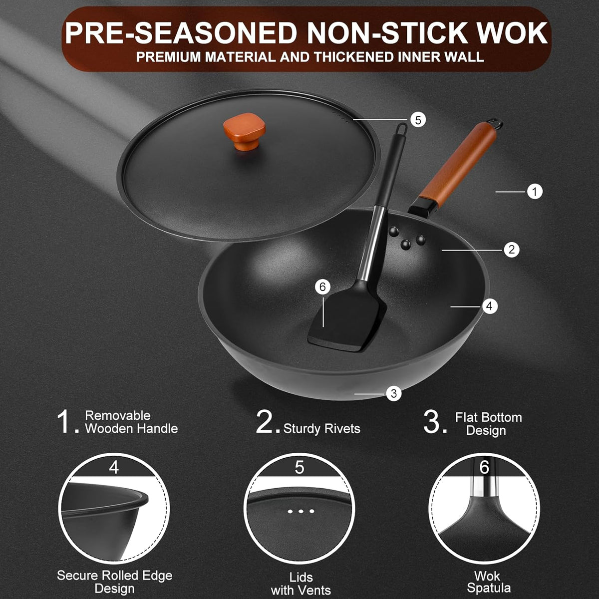 Carbon Steel Wok Pan - 12.9" Woks & Stir-Fry Pans Nonstick with Spatula: Flat Bottom Wok for Electric, Induction and Gas Stoves