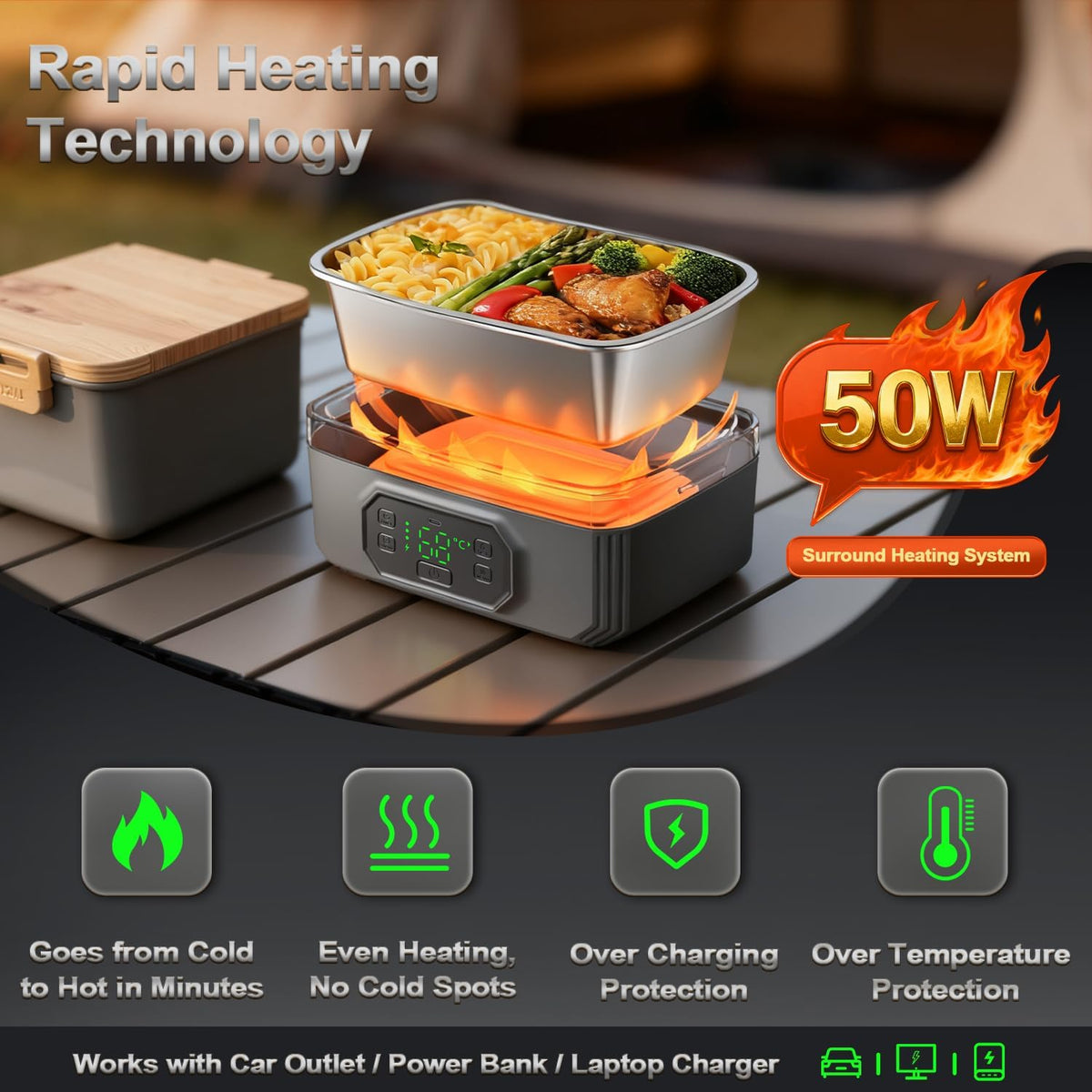 1.2L Cordless Electric Lunch Box - 21000mAh Heated Lunch Box Battery Powered with Automatic Heating, 9-Timer & 5-Temp Setting, Leakproof 304 Stainless Steel Container, Perfect for Office/Truck/Outdoor