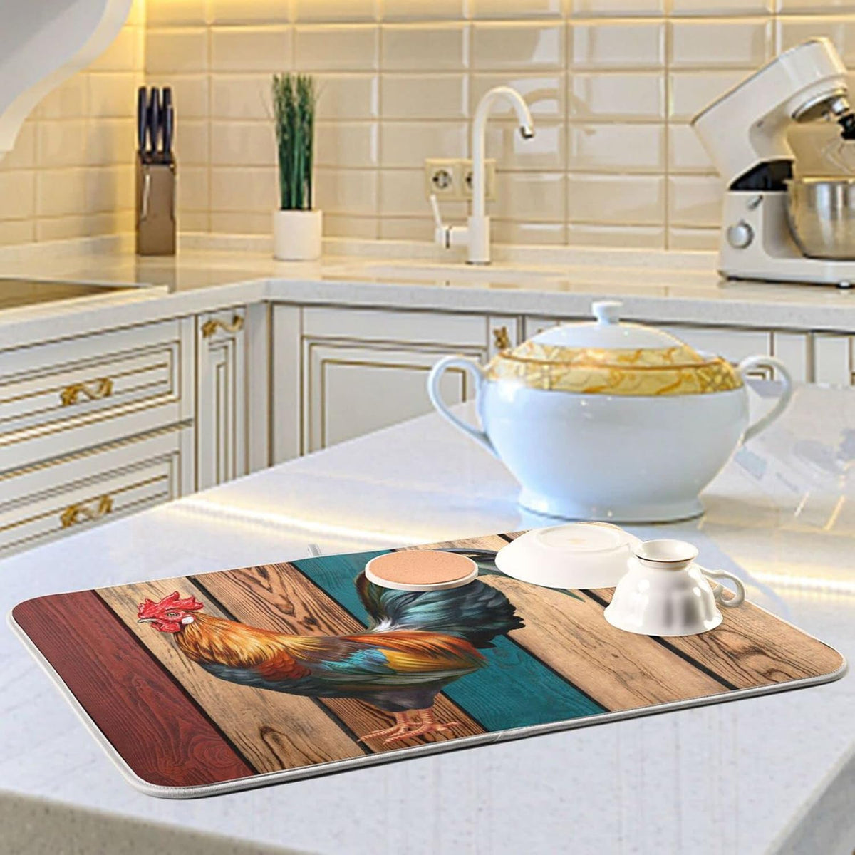 Rooster Dish Drying Mat for Kitchen Counter Farmhouse Absorbent Microfiber Drying Pad, Large 18x24 in, Reversible Drainer Mats