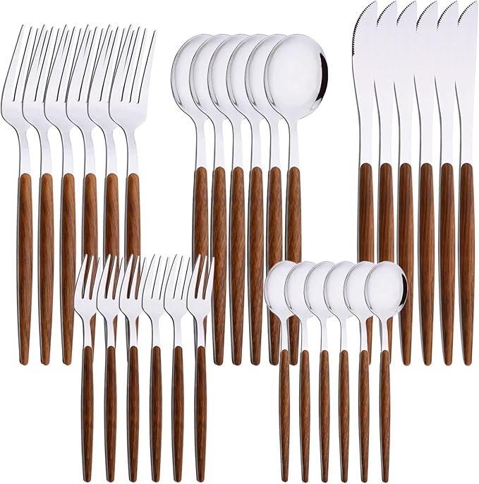 30-Piece Stainless Steel Silverware Set, Silver Mirror Polished Flatware Cutlery Set for 6, Tableware Eating Utensils Set for Home Restaurant Wedding, Dishwasher Safe (Wooden Effect Handle)
