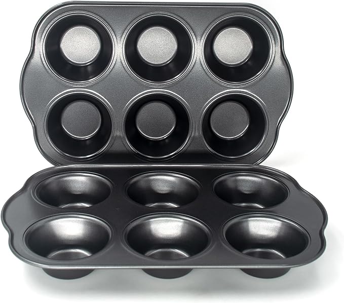 Non-Stick Standard Muffin Pans, 2.95" 6-Cup Set of 2 Baking Pans, Heavy Duty Carbon Steel Tins for Standard Muffins & Cupcakes