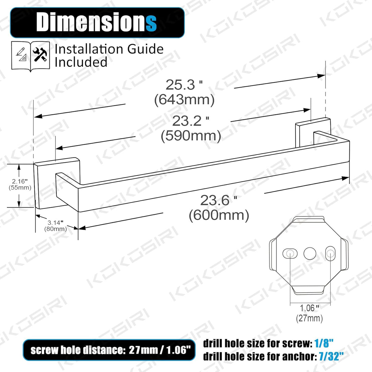 KOKOSIRI 24-Inch Single Towel Bar, Bathroom Kitchen Towel Holder, Wall Mounted SUS304 Stainless Steel Towel Rack 2 Pack, Matte Black, B4003BK-L24-P2