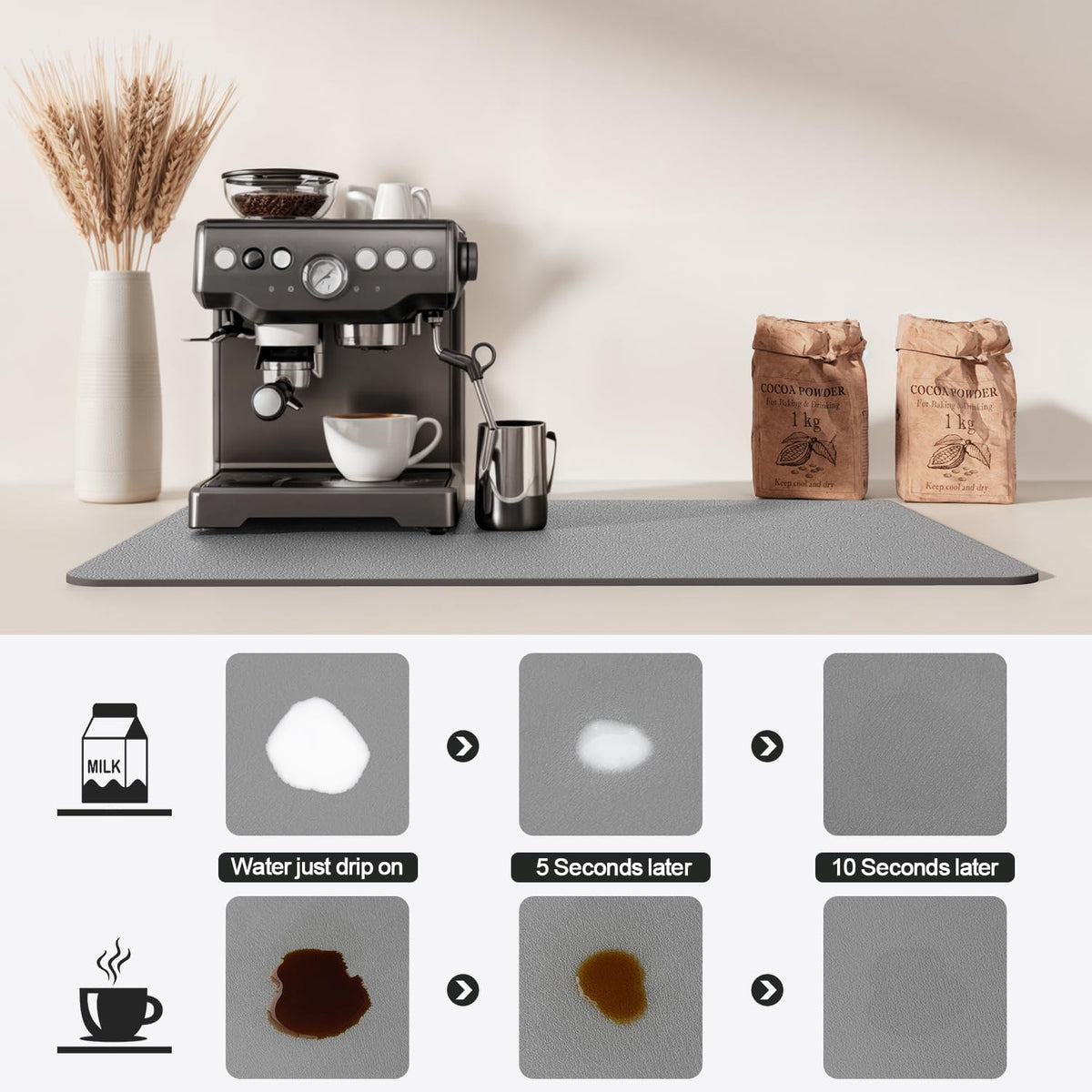 Dish Drying Mat for Kitchen Counter | Coffee Bar Mat for Countertops | Heat Resistant Drainer Mat with Non-slip Rubber Backed | Hide Stain Kitchen Absorbent Draining Mat | Grey 18"x24"