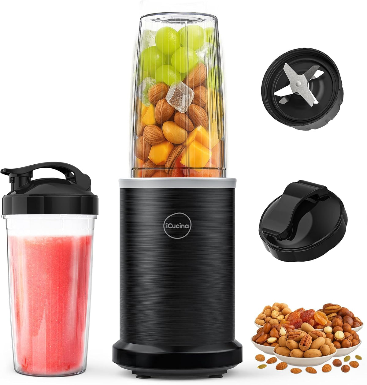 iCucina Smoothie Blender, 1000W Personal Blender for Shakes and Smoothies with 2 x 32oz Protable Cups and Lids, Single Serve Blenders for Ice Crushing, Bean Grinding, Frozen Fruit Drinks, Black