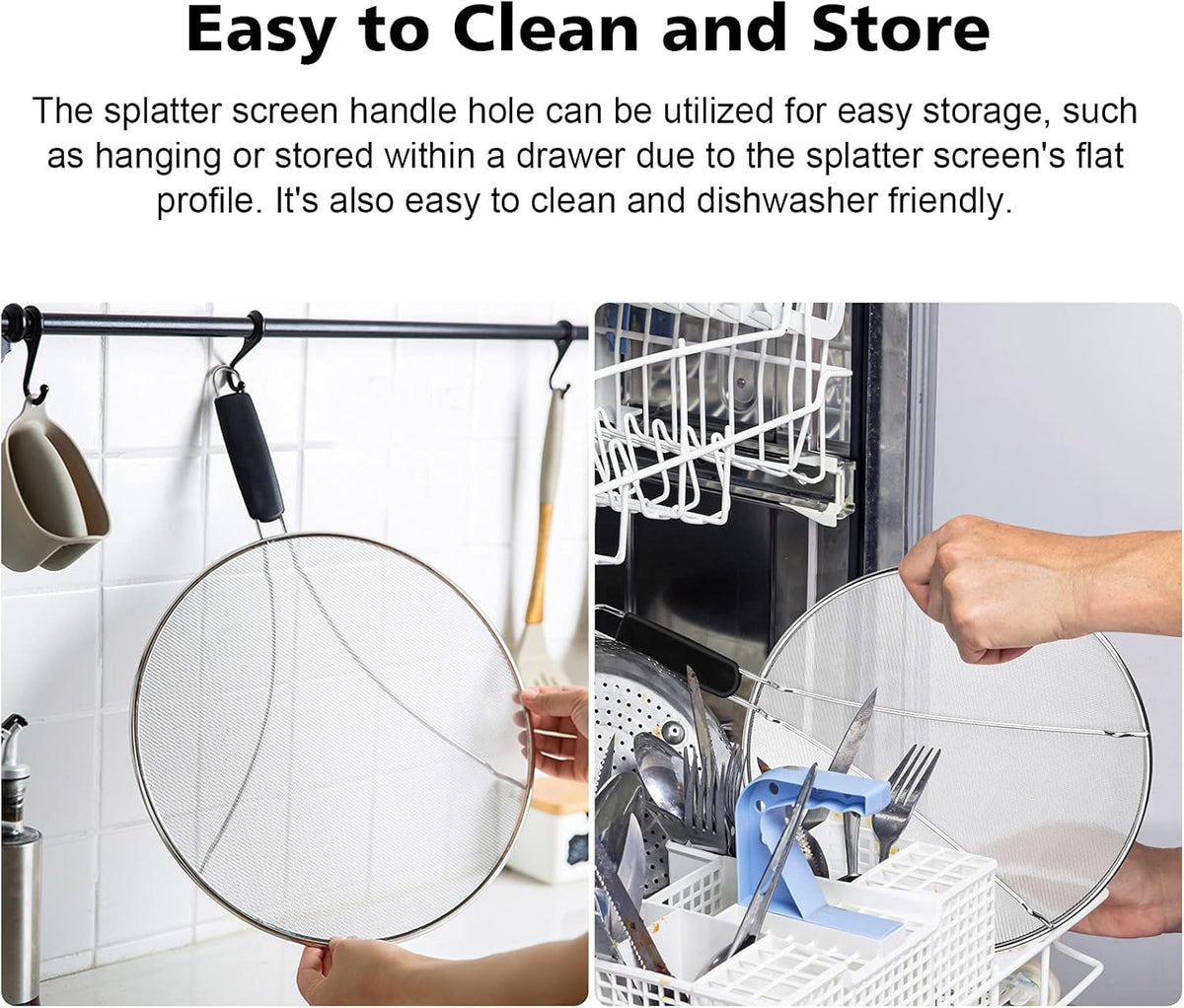 Splatter Screen for Frying Pan - 9.8" 11.4" 13" Stainless Steel Fine Mesh Grease Splatter Guard with Silicone Handle, Hot Oil Splash Guard for Cooking to Prevent Oil Splatter, Safe Cooking
