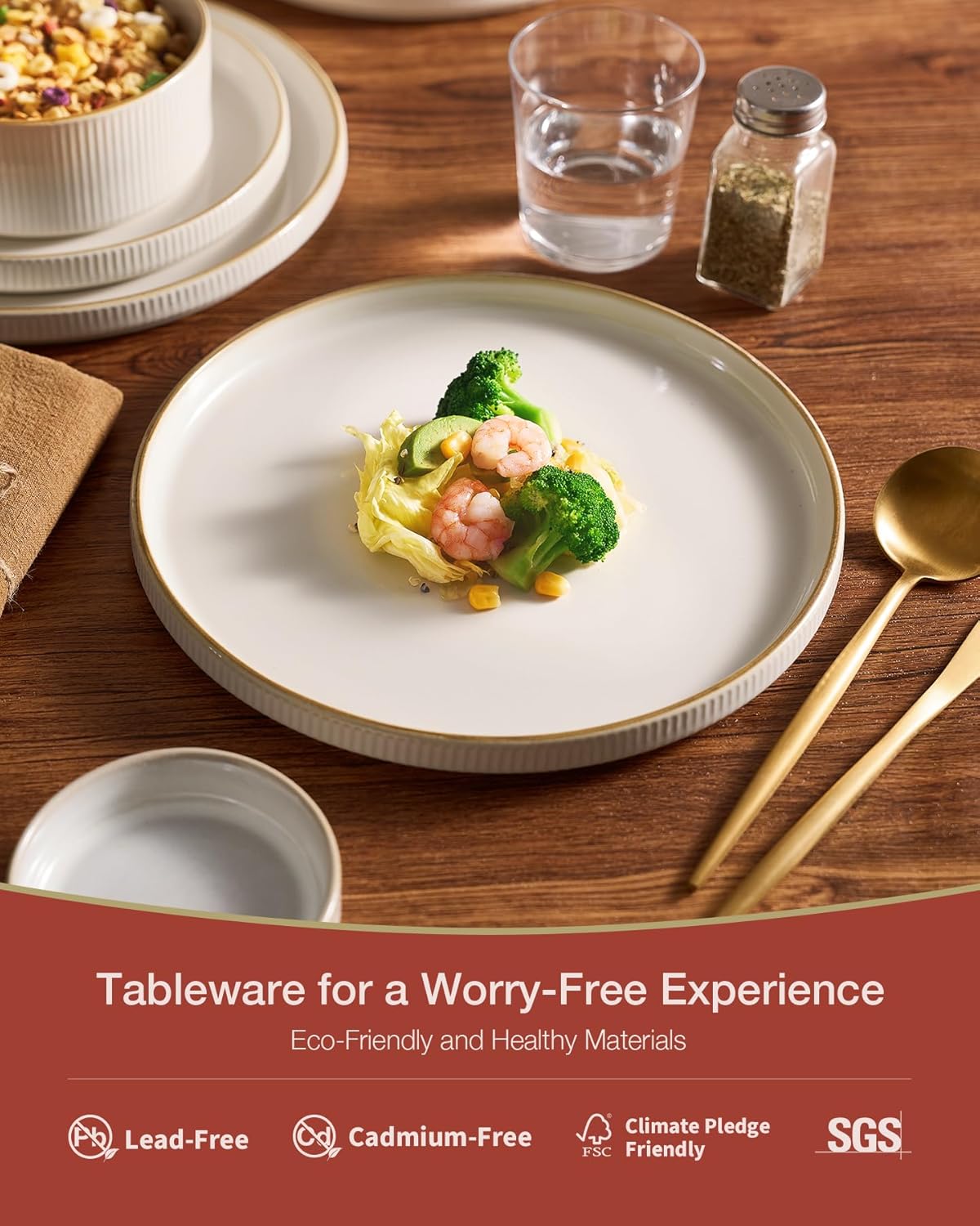 Famiware Star Dinnerware Set, Plates and Bowls Sets for 6 (18pcs), Ribbed Stoneware Dishes - Chip & Scratch Resistant, Microwave & Dishwasher Safe Kitchenware, Vanilla White