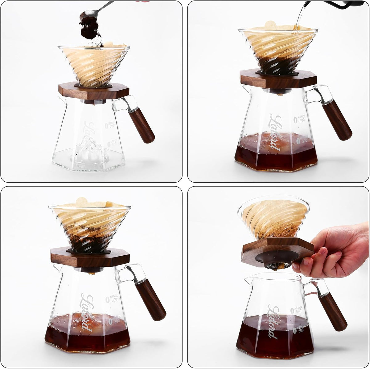 Pour Over Coffee Maker, 20 oz Borosilicate Glass Set with 100 pcs V60 Paper Filter, Walnut Collar & Glass Lid, Drip Coffee Maker, 1-3 Cups, Clear (B-600 ml Set)