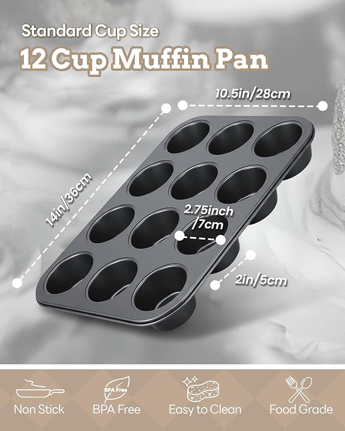 Bake Choice 2 Pack Muffin Pan for Baking, Standard Cupcake Pan includes 100 Natural Cupcake Liners, Muffin Tin Nonstick 12 Cup, Baking Pans Set, Carbon Steel Baking Supplies