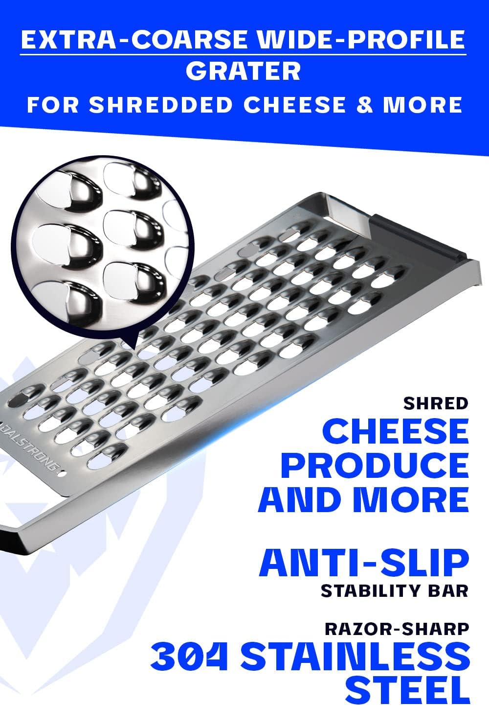Dalstrong Professional Wide Cheese Grater - Extra Coarse - #304 Stainless Steel Blade - G10 Handle Kitchen Shredder - w/Blade Guard - Fruits & Vegetables, Hard Cheese, Chocolate - NSF Certified
