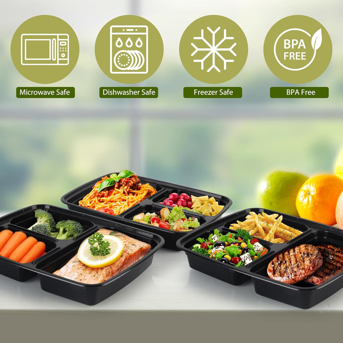 32oz Meal Prep Containers 3 Compartment: 20 Pack Plastic To Go Food Containers Reusable, Leakproof Food Storage with Lids for Takeout, BPA-Free, Microwave/Dishwasher/Freezer Safe