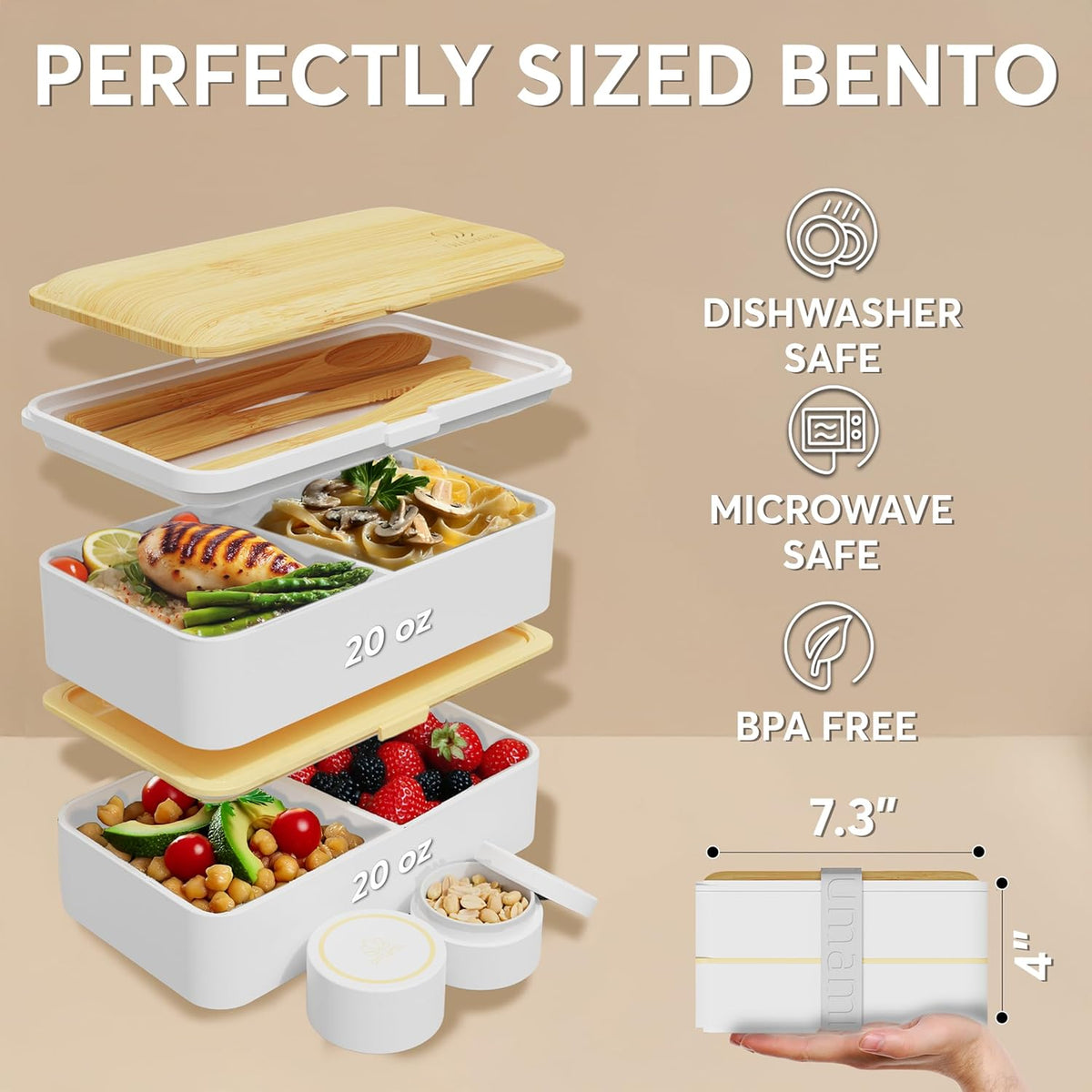 Umami Bento Box Adult All-In-1 w/4 Utensils, 2Sauce Jars, 2 Dividers, 100% Leakproof, Microwave & Dishwasher Safe, Stackable Bento Lunch Box Containers for Men/Women, White & Tan