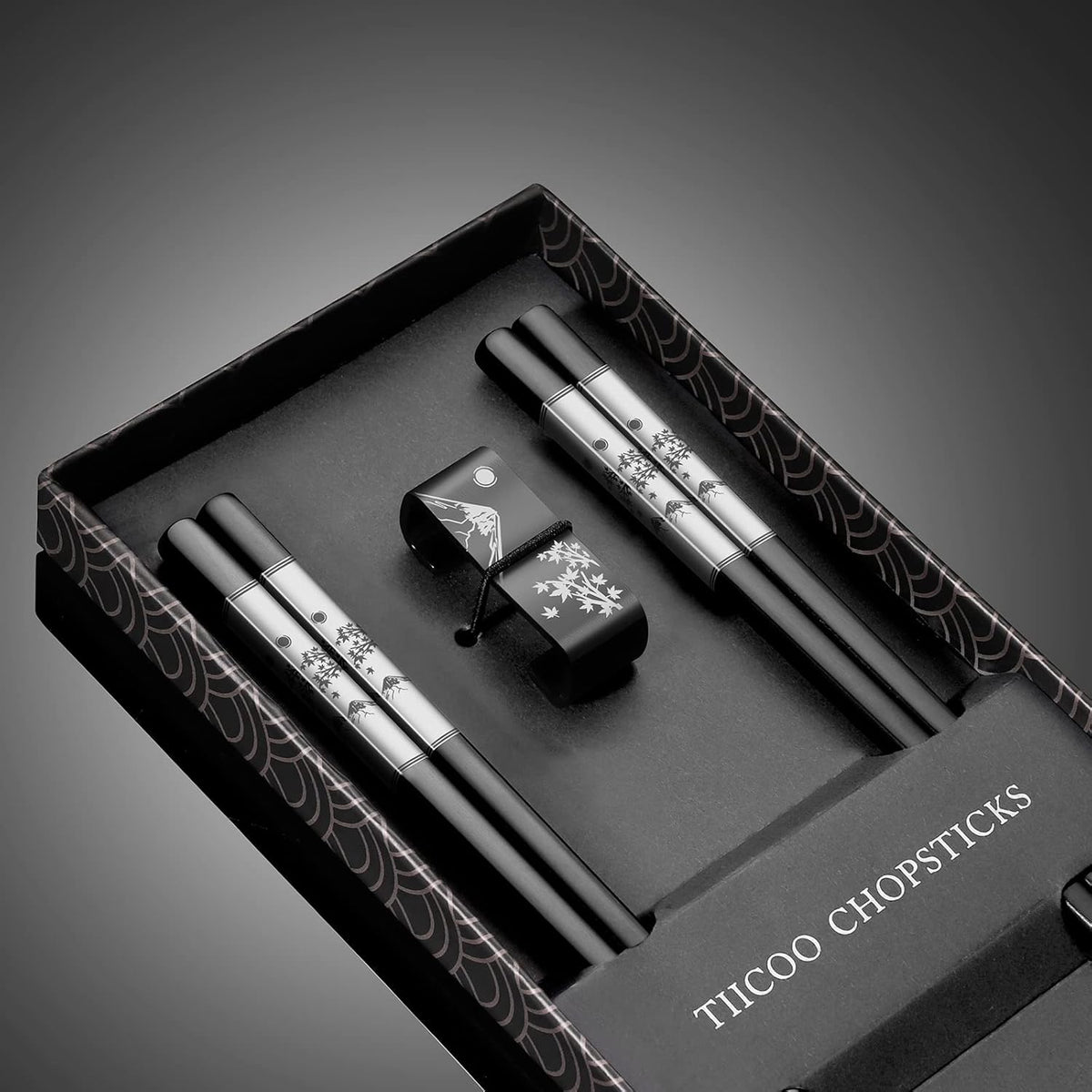 Premium 304 Stainless Steel Chopsticks Set - 2 Pairs Titanium Plated Japanese Style with Laser Engraved Design, Dishwasher Safe, Non-Slip Grip, Elegant Gift Box (Black)