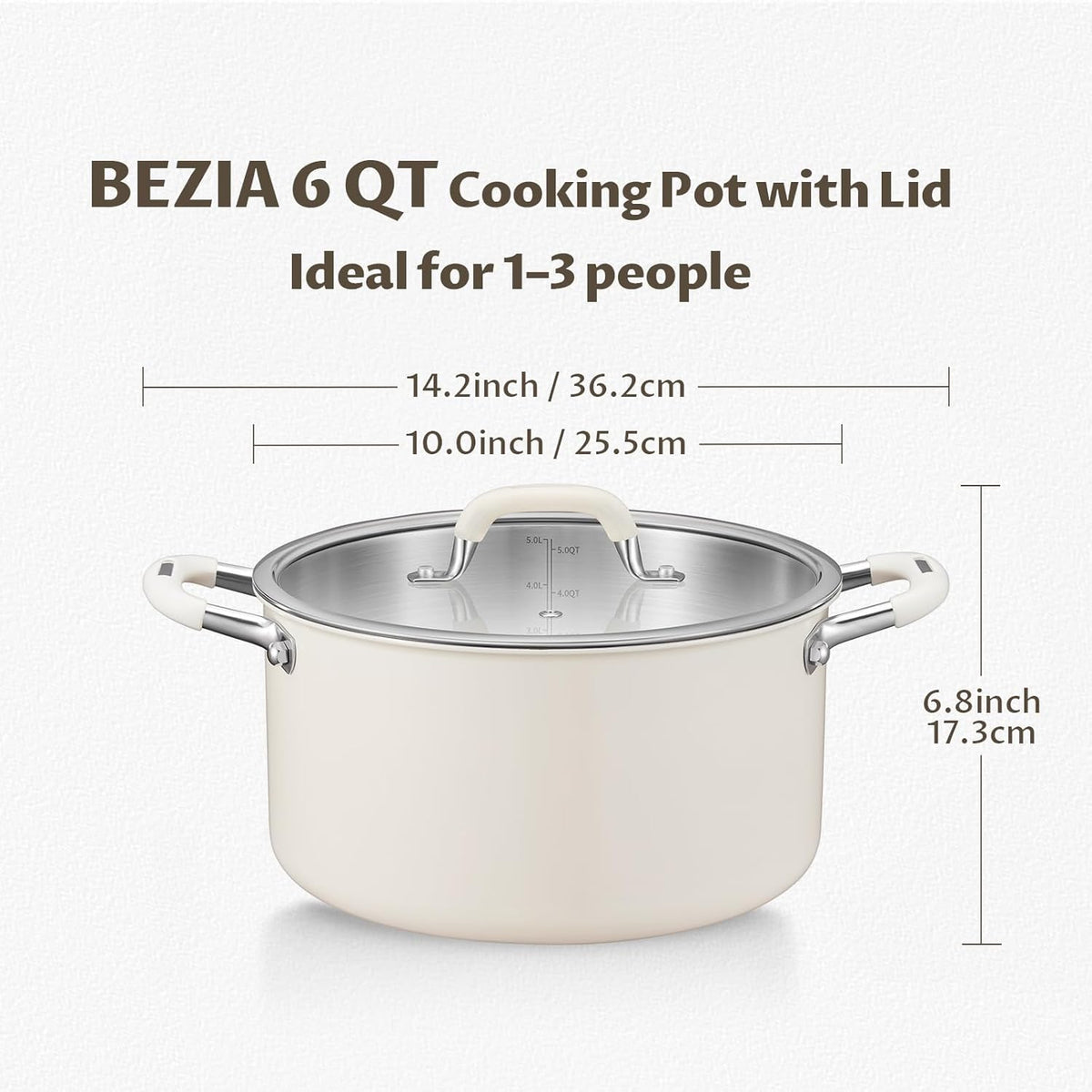 6 Quart Pot with Lid, BEZIA Tri-Ply Stainless Steel Stock Pots, Large Cooking Pots with Silicone Handle, Soup Pot for Induction Cooktop, Compatible with All Cooktops, Dishwasher Safe