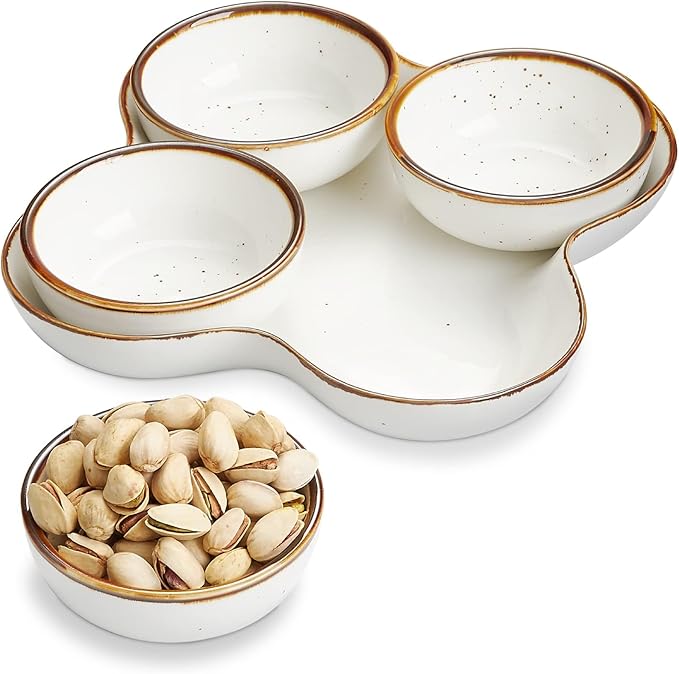 ONEMORE Chip and Dip Serving Set, 8.5 inch Speckled Ceramic Divided Serving Platter Small Appetizer Tray with 4 Removable Dishes for Nuts, Candy, Snacks, Veggies, Rustic Serving Bowls for Entertaining