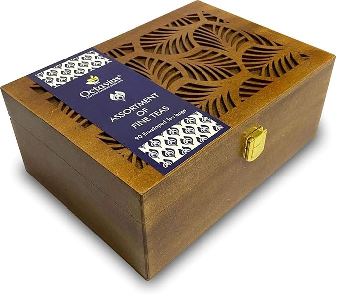 Octavius Tea Gift Set - Assorted Black & Green Tea Bags in Wooden Box | 6 Flavors, 90 Count | Premium Tea Sampler for Women & Men | Wellness Gift, Holiday, Birthday, Office, Corporate Gifting