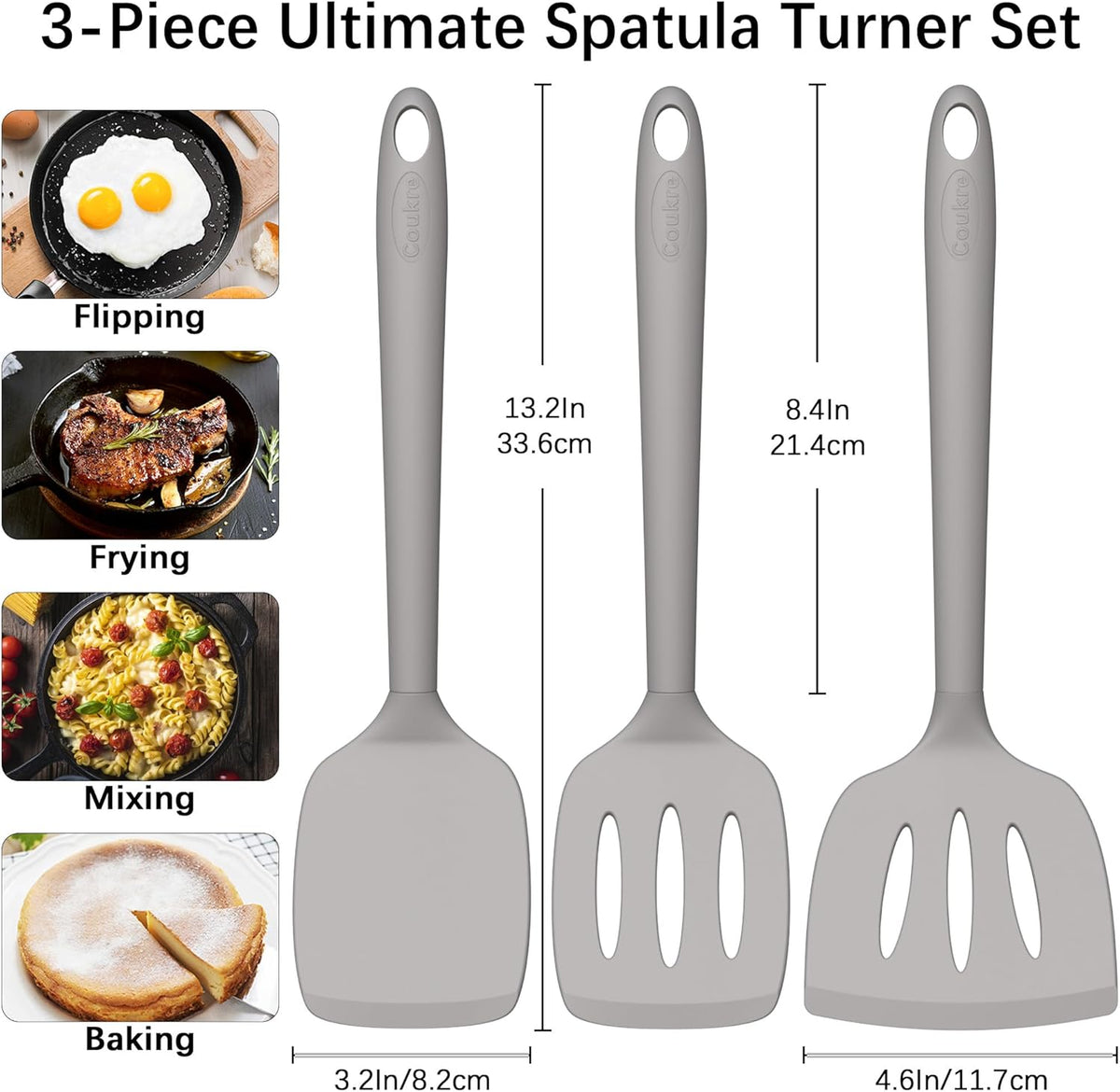 Coukre Silicone Spatula Set of 3, High Heat Resistant, BPA-Free, Kitchen Utensils, Fish Spatula, Solid & Slotted Turner for Non-Stick Pans, Flipping Eggs, Pancakes, Fish, Burgers (3, PureGray)