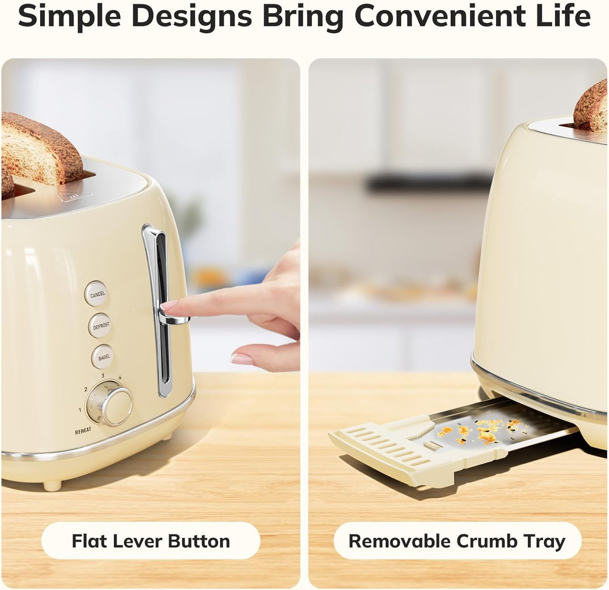 Toasters 2 Slice Retro Stainless Steel Toasters with Bagel, Cancel, Defrost Function and 6 Bread Shade Settings Bagel Toaster, Beige
