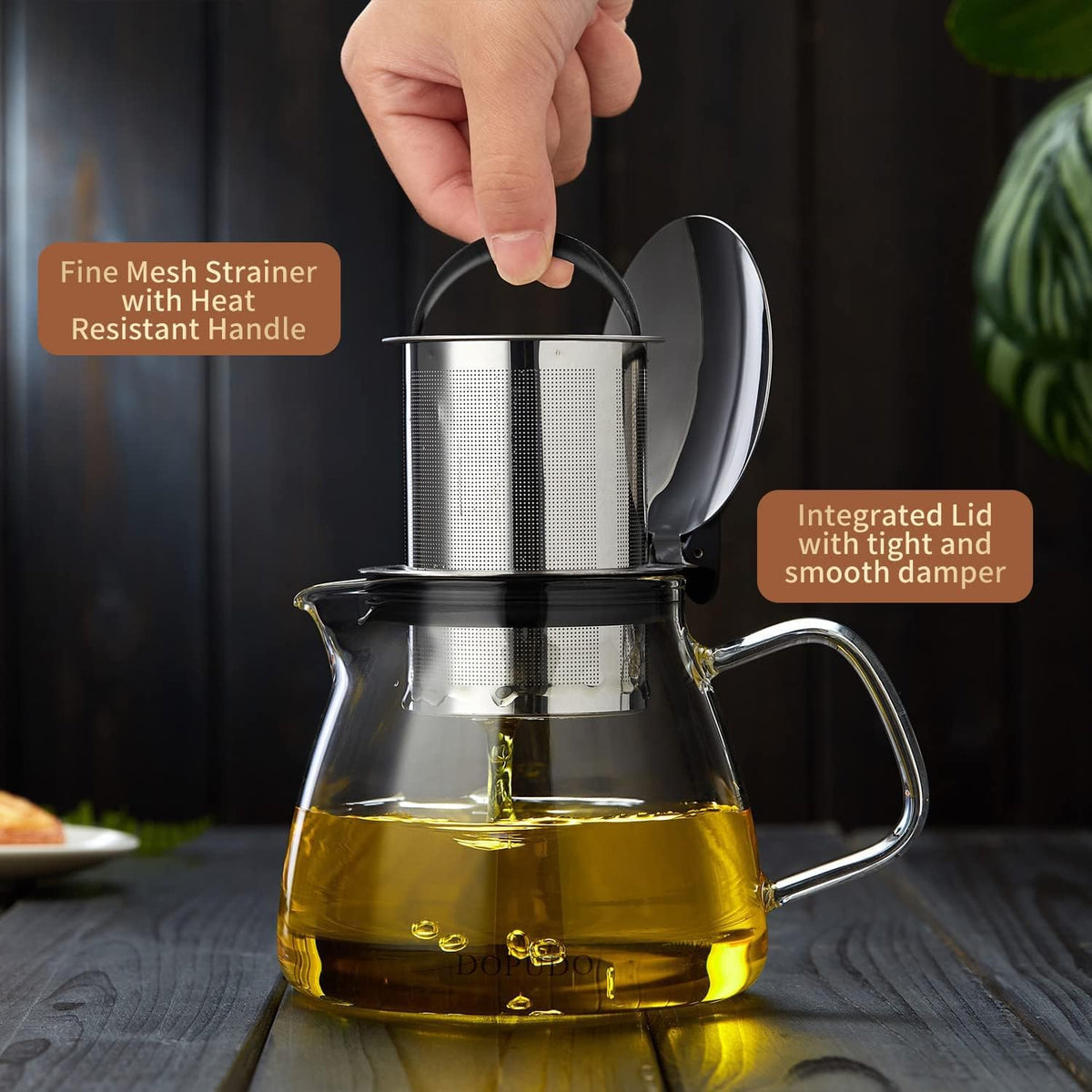 Glass Teapot Tea Pot with Removable Stainless Steel Infuser, 25oz / 760ml Borosilicate Glass Tea Kettle for Office Work, Fine Strainer for Loose Leaf Tea