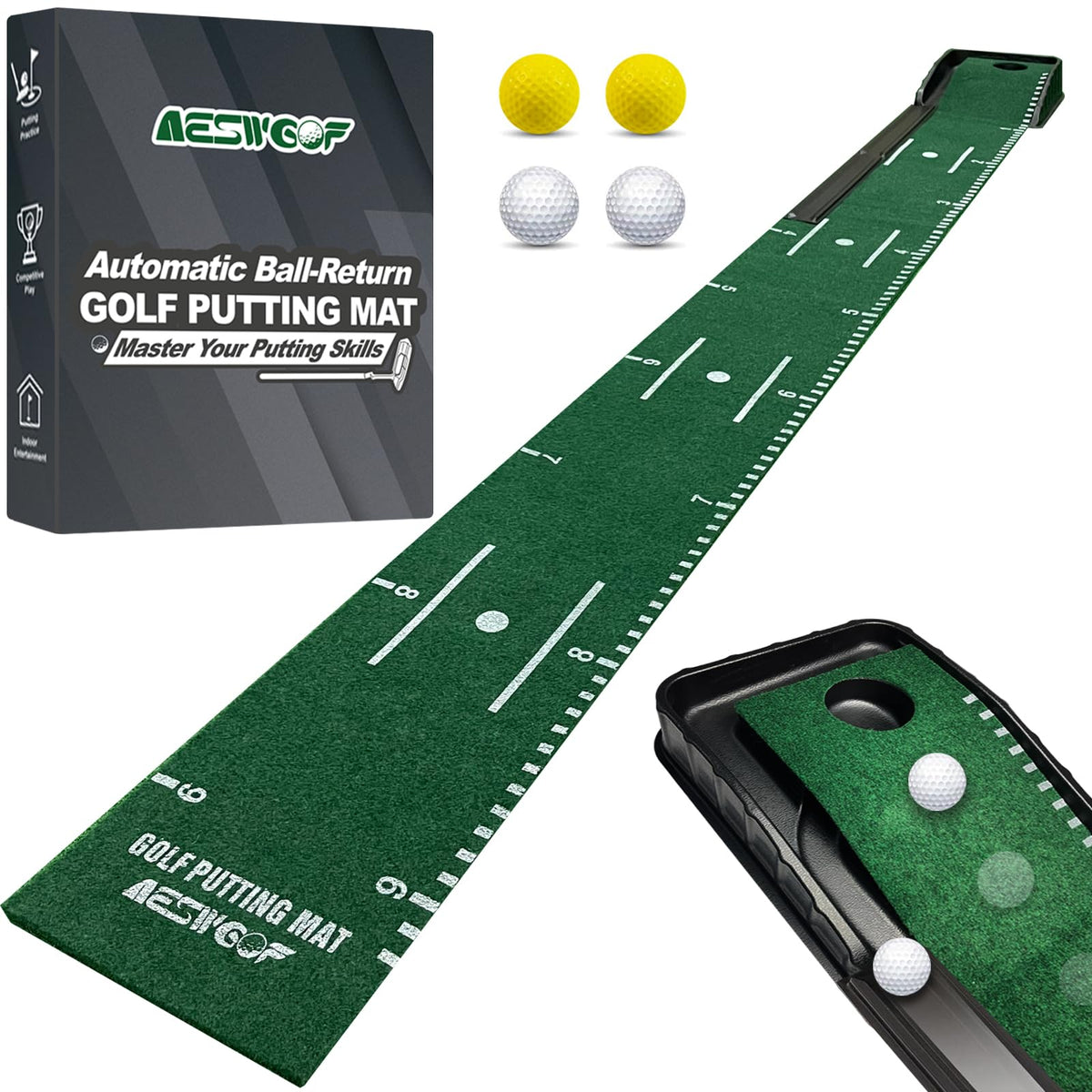 Golf Putting Mat Set with 9.8 ft Putting Green, 4 Golf Balls for Indoor Use