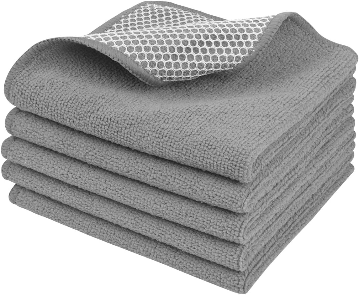 SINLAND Absorbent Microfiber Dish Cloths for Washing Dishes Best Kitchen Washcloth Cleaning Cloths with Poly Scour Side 12Inchx12 Inch 5 Pack, Grey