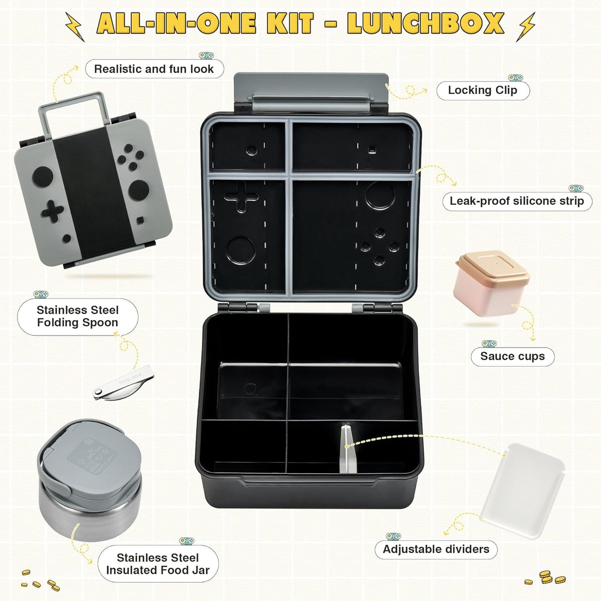 Game Bento Box for Kids, Lunch Box with Thermo(9oz Food Jar), Folding Spoon, Removable Divider & Sauce Cup, Lunch Box Kids for School,Travel, BPA-Free & Realistic Shape(Grey)