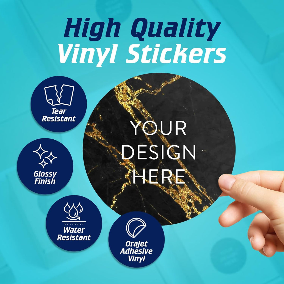 100 Custom Vinyl Stickers - Upload Your own Image, Text, Design, Logo - Personalized Logo Labels for Handmade, Packaging, Bottle, Jars, Candle, Brand Stickers (Black Gold Marble, 6x6)