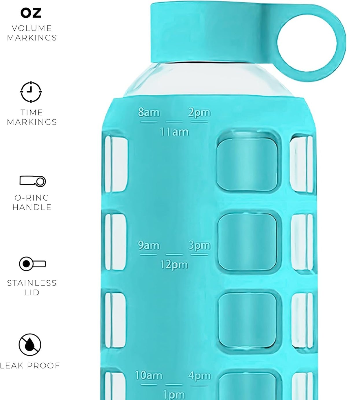 purifyou 40oz / 32oz / 22oz / 12oz Borosilicate Glass Water Bottle with Time & Volume Markers, Silicone Sleeve, Stainless Steel Lid – Reusable Glass Bottle for Water & Juice (22oz Aqua Blue)