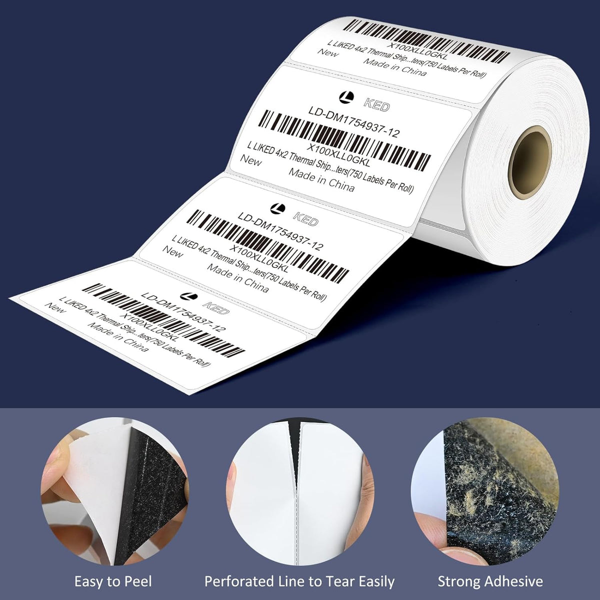 L LIKED 4" x 2" Direct Thermal Labels, Permanent Adhesive Barcode Shipping Labels & Compatible with Rollo, Zebra and Other Desktop Printers (1 Roll, 750 Labels)