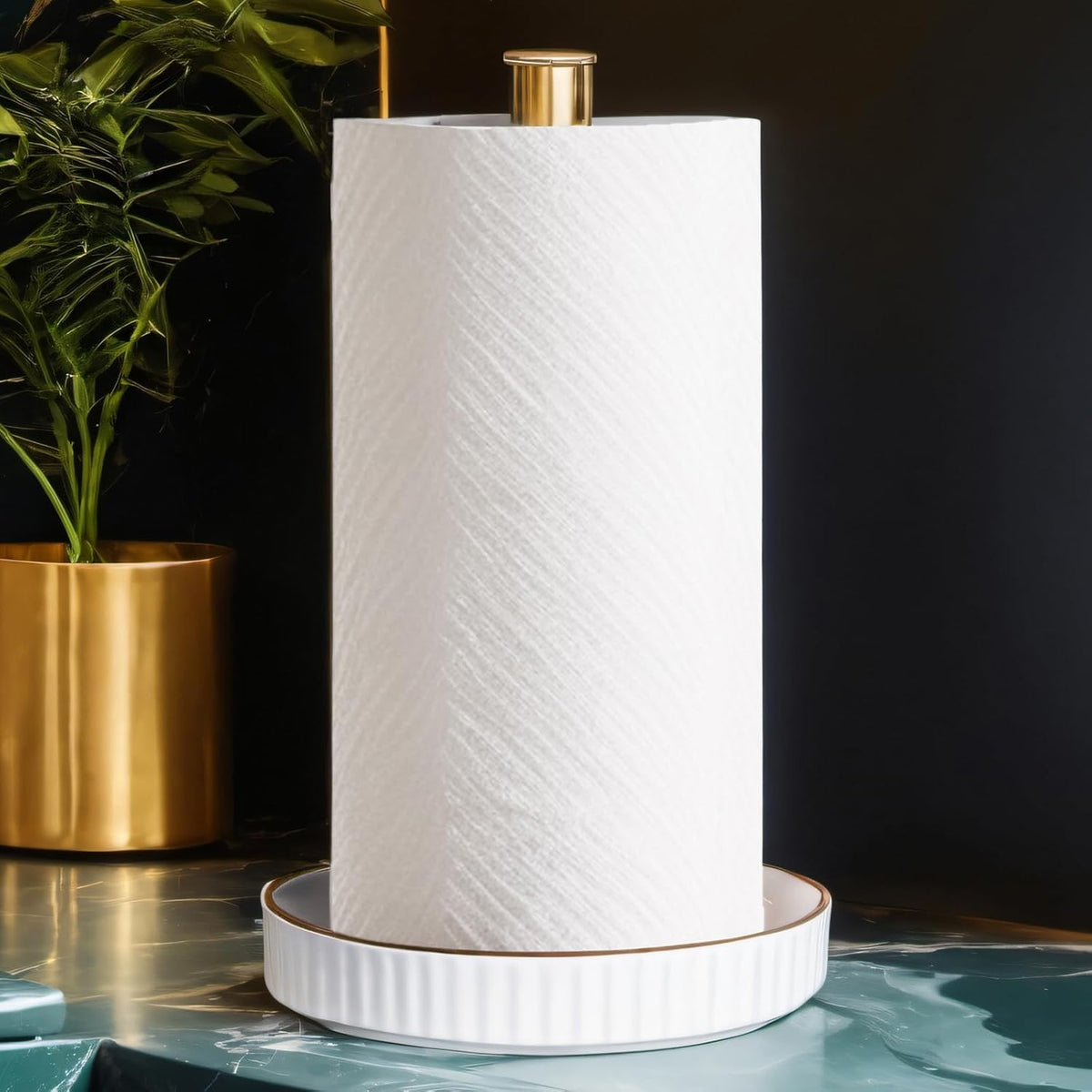 VROOMIUM Gold Paper Towel Holder Countertop, Ceramic Base Easy-to-Clean, 1.5 lbs, 7" B x 12.5" H, Stable Elegant and Durable Kitchen Roll Stand