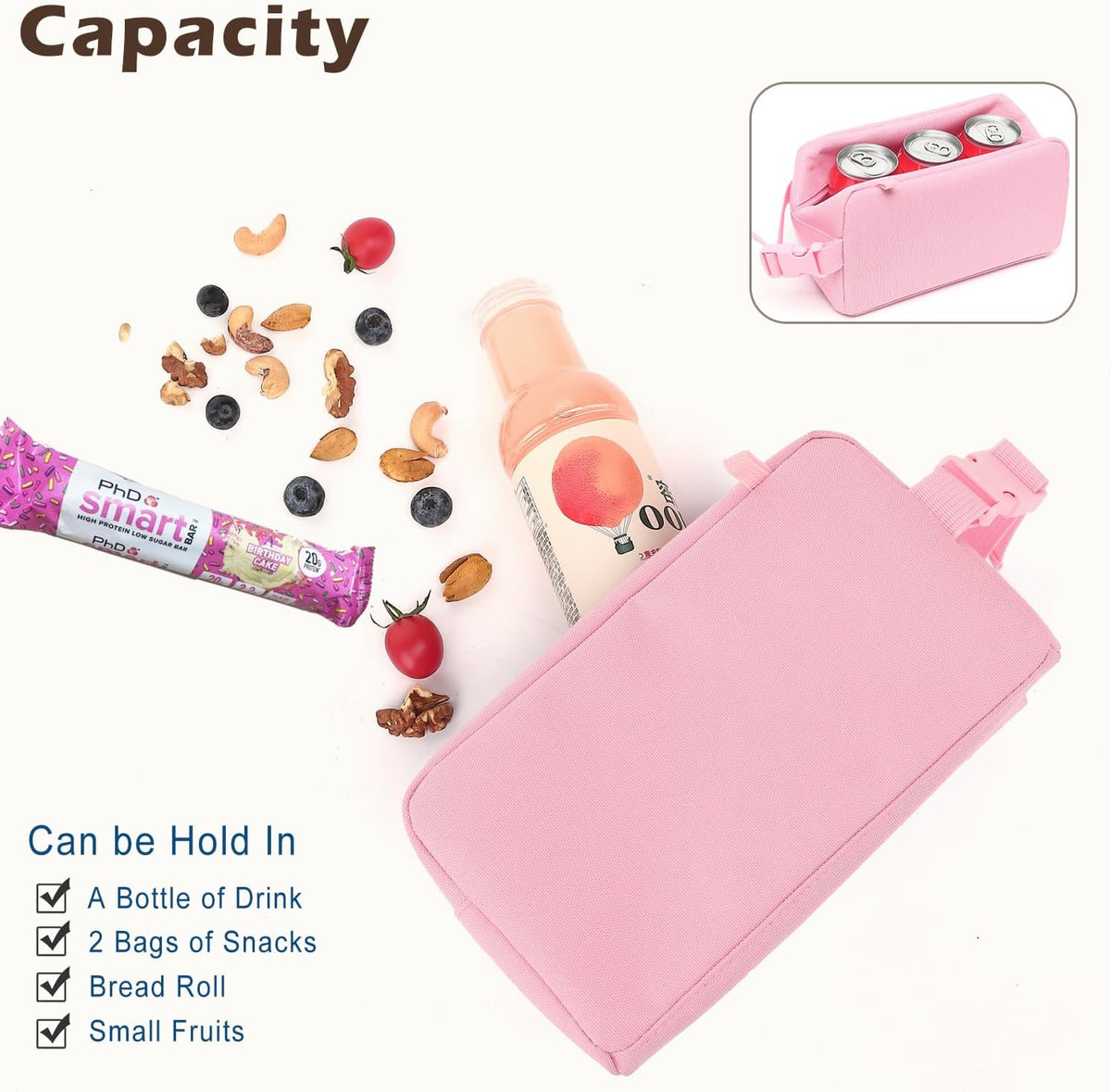 FlowFly Small Insulated Lunch box Portable Soft Bag Mini Cooler Thermal Meal Tote Kit with Buckle for Work, PinkWithBuckle