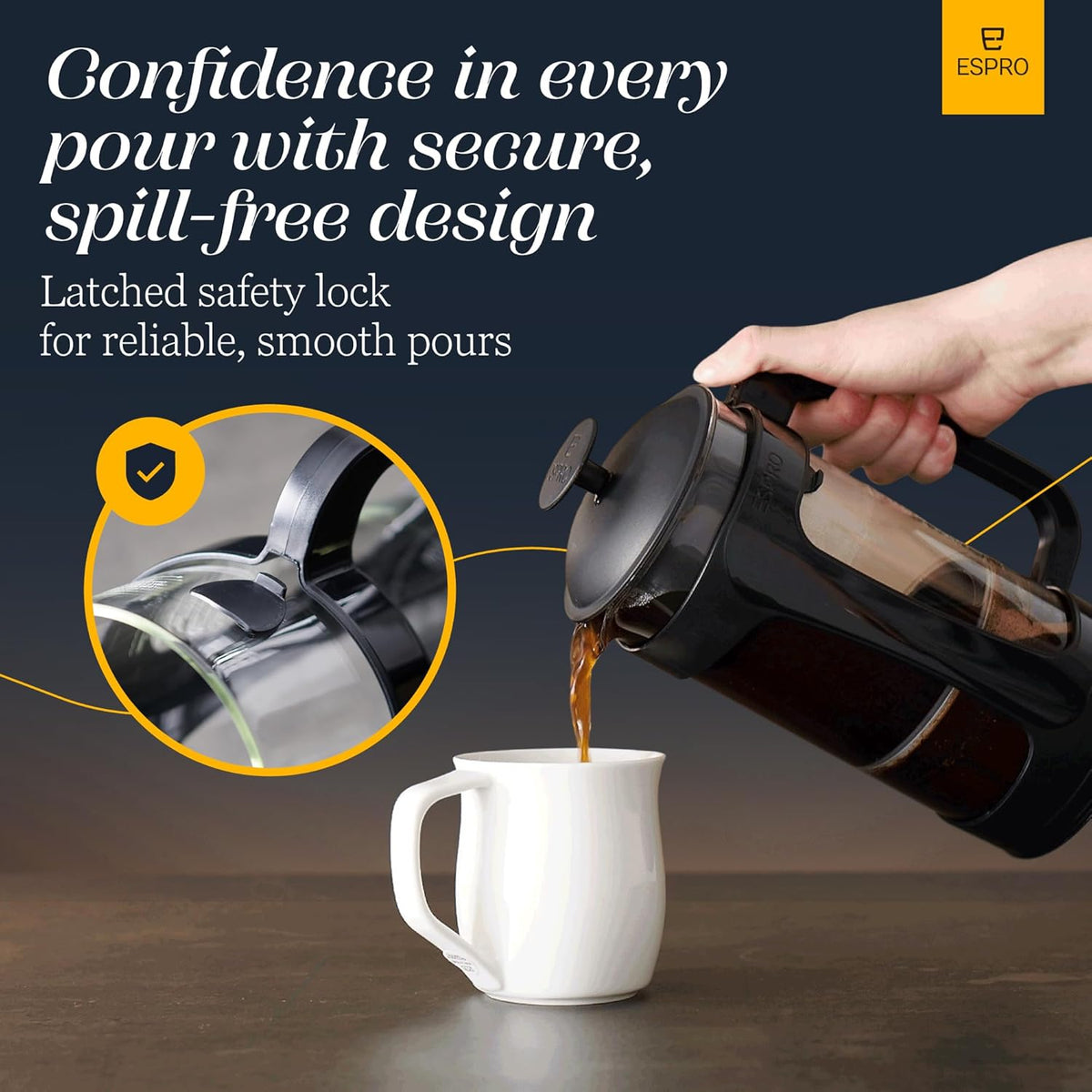 ESPRO - P3 French Press Coffee Maker – Patented Double Microfilter for Sludge and Grit Free Coffee, Black, 32 oz