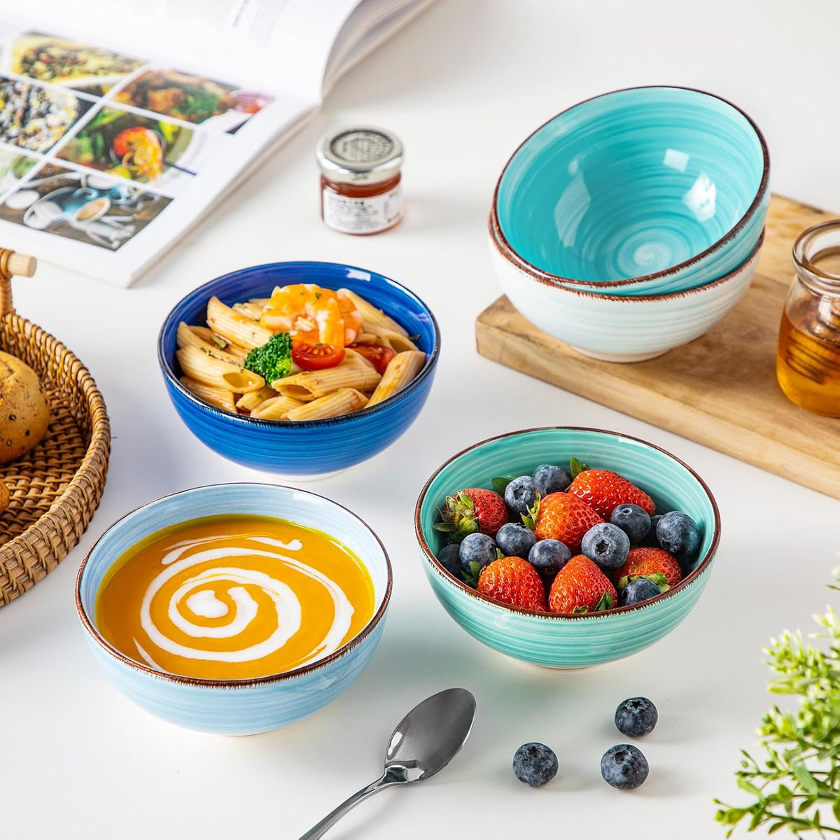 vancasso Bonita 12 Oz Small Bowls Set of 6, Ceramic Mini Dessert & Dipping Dishes, 5" Kids Bowls for Dip and Snacks, Dishwasher & Microwave Safe, Blue