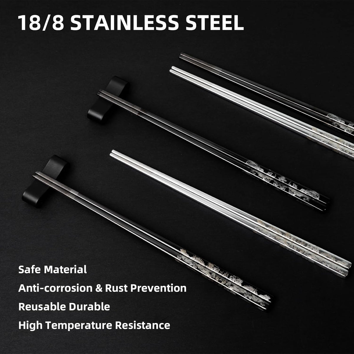 2 Pairs Reusable Stainless Steel Chopsticks, Laser-Engraved Non-Slip Grip, Dishwasher Safe, Japanese & Korean Style, Metal Chopstick Gift Set for Cooking, Dining & Travel (9")