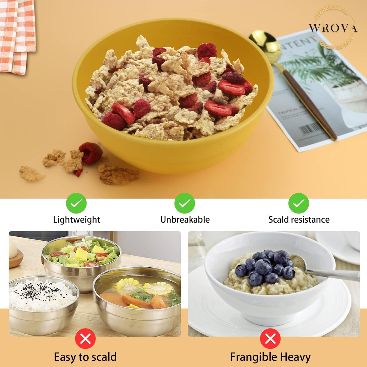 Wheat Straw Bowls Set 60 OZ Unbreakable Large Cereal Bowls Set of 6 Microwave and Dishwasher Safe Bowls Big Bowls for Apartment and Dorm BPA Free Soup Bowl for Serving Oatmeal and Salad Yellow