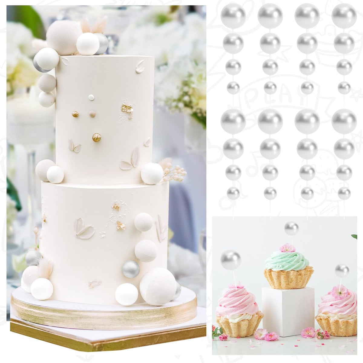 48 Pcs Silver Balls Cake Topper Decorations Balloon Cupcake Toppers Foam Cake Topper Balls Cake Balls Decorations for Birthday Party Wedding Anniversary Cake Decorating