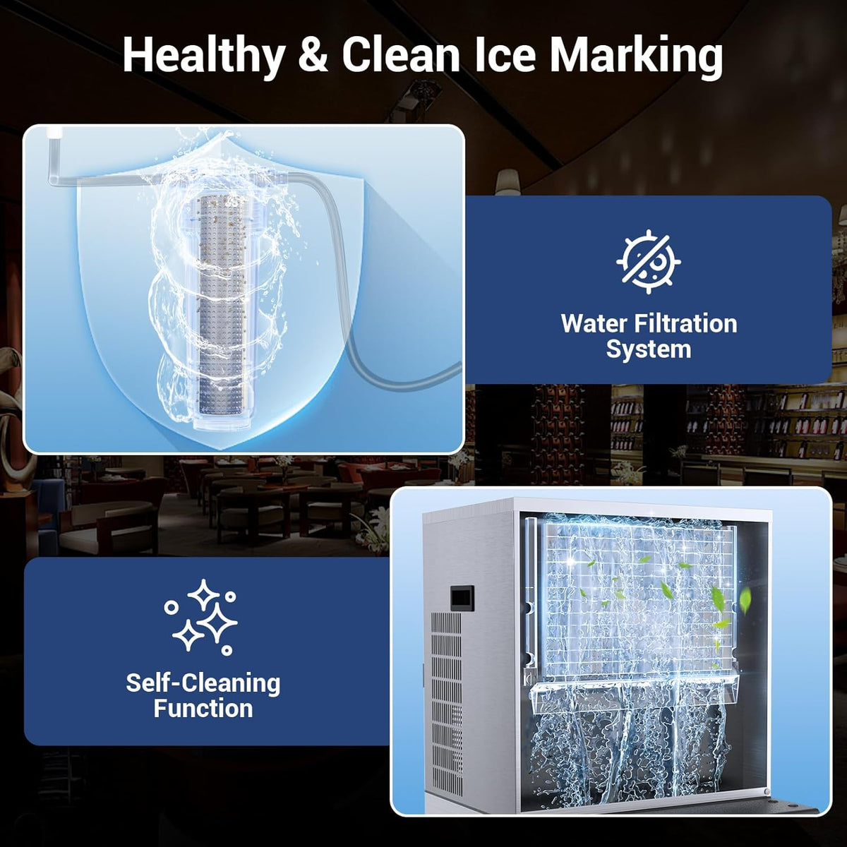 Commercial Ice Maker Machine 550lbs/24H, Ice Ready in 5-15 min, 360lbs Large Storage Bin, Stainless Steel Ice Machine with Water Line Hookup, 12 Adjustable Ice Thicknesses