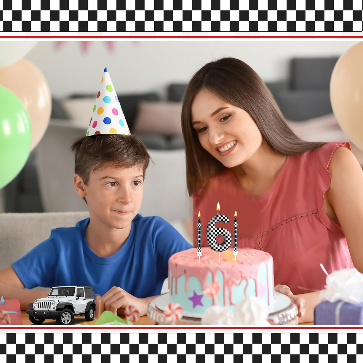 13 Pcs Racing Cars Themed Birthday Candles 12 Black and White Race Number 6 Checkered Candle Cake Topper for Racing Car Party Decoration Supplies (Number 6)