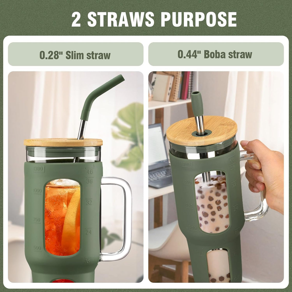Glass Tumbler with Lid and Straw, 46 oz Iced Coffee Cup with Handle, Large Water Bottles with Silicone Sleeve, Glass Cup with Straws - Pearl Straw & Drinking Straw BPA Free-Olive