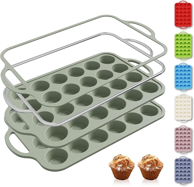 2 Packs 24 Cups Silicone Muffin Pan with Metal Reinforced Frame Mini Size Cupcake Pan Tray Egg Bites Silicone Circle Cookie Molds Muffin Tin Tart Pans Baking Sheet Set for Breakfast Sandwiches