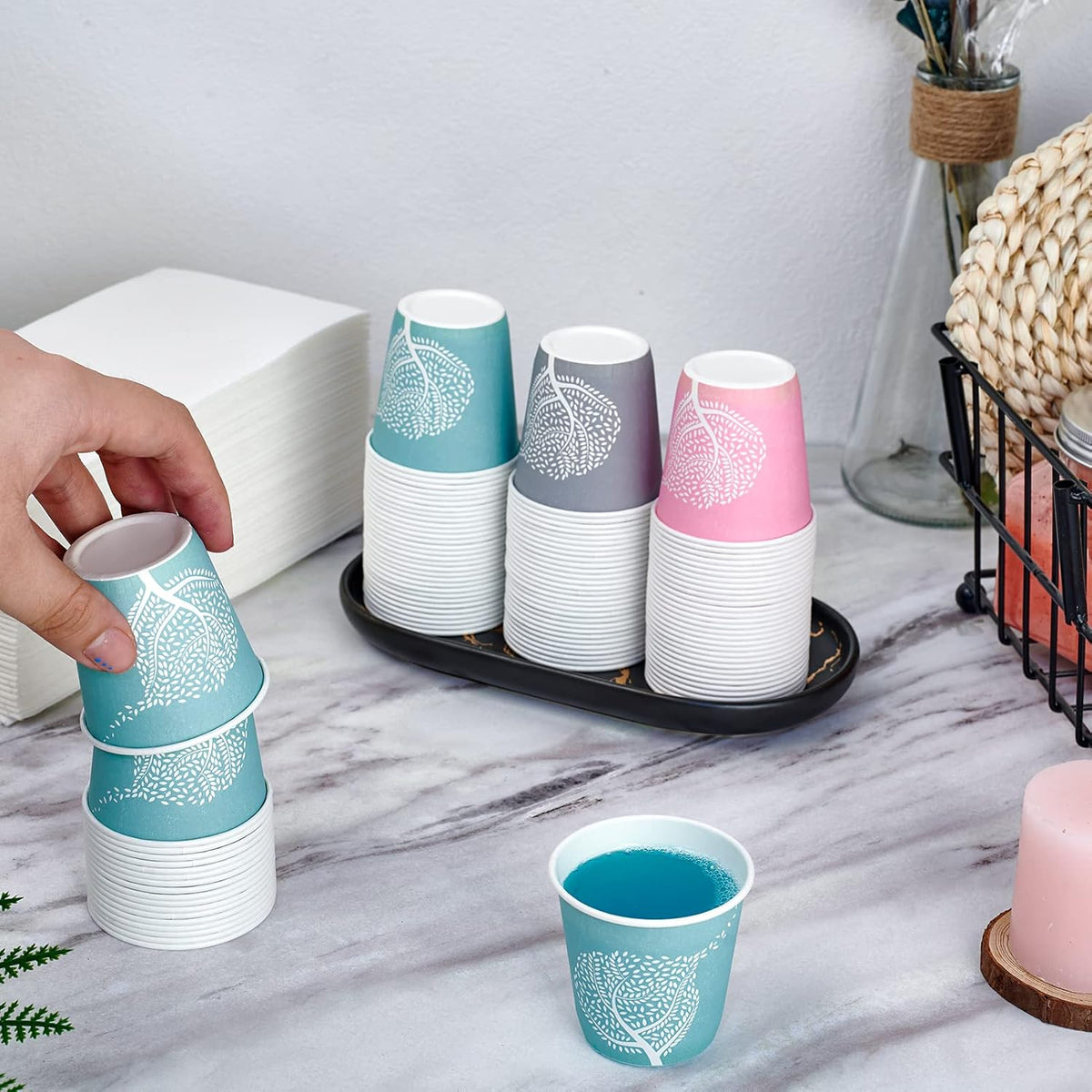 LITOPAK 300 Pack 3 oz Disposable Bathroom Cups, Colorful Disposable Mouthwash Cups, Small Disposable Cups, Mini Paper Cups for Parties, Picnics, Barbecues, Travel and Events