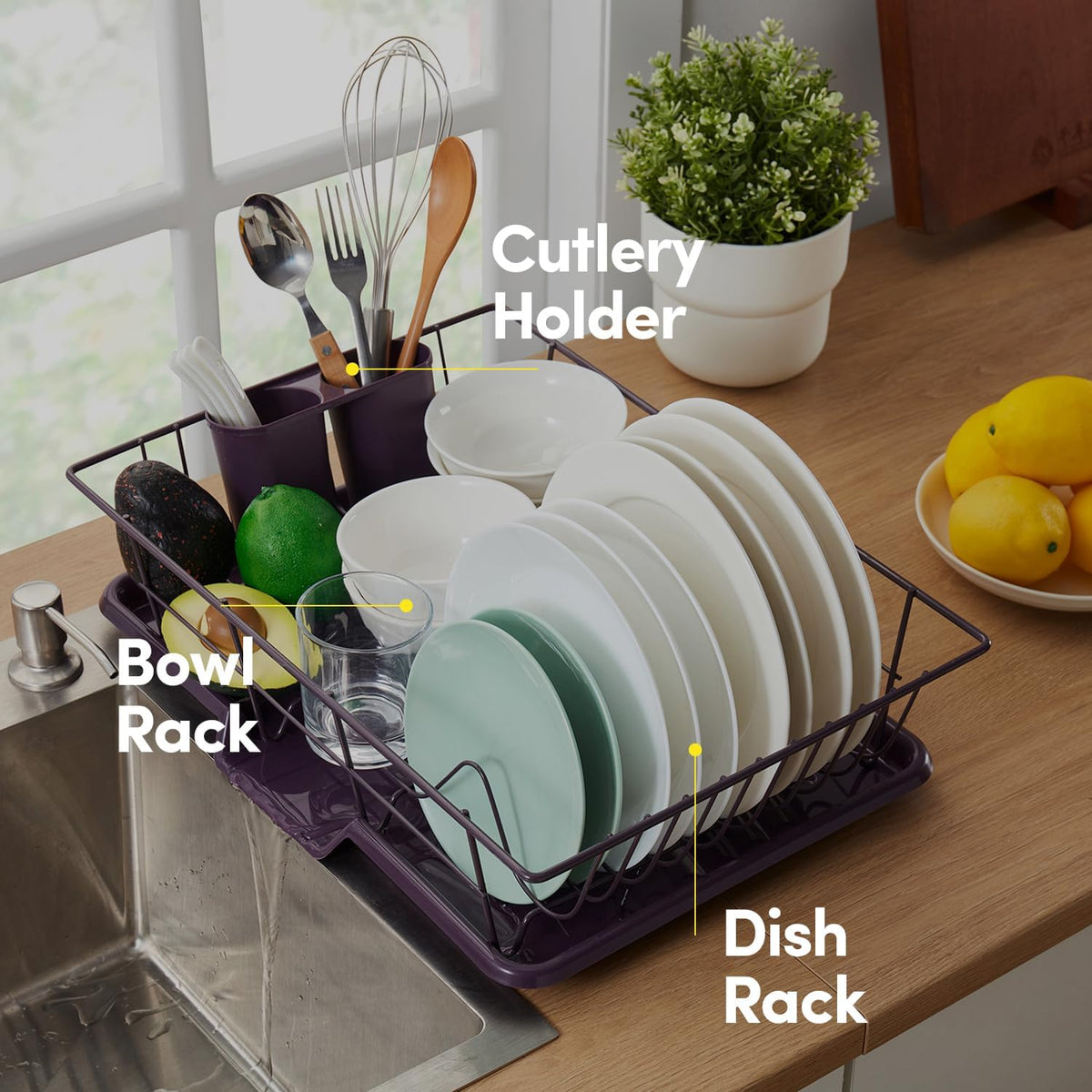 Space-Saving 3-Piece Dish Drainer Rack Set: Efficient Kitchen Organizer for Quick Drying and Storage - Includes Cutlery Holder and Drainboard - Maximize Countertop Space, Eggplant Purple